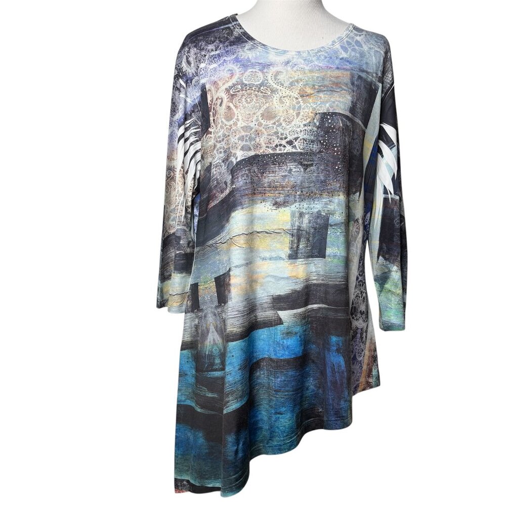 Jess & Jane Multi Color Top Tunic L Asymmetrical Hem Artsy 3/4 Sleeve USA